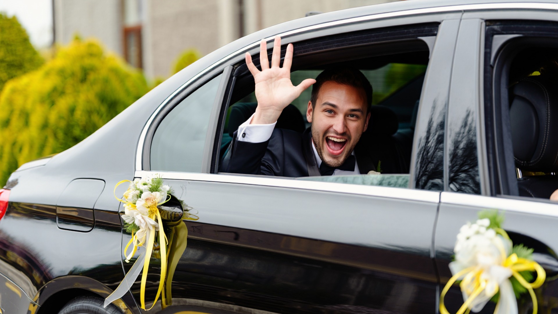 Ein fröhlicher Bräutigam oder Gast, der aus einem geschmückten Hochzeitsauto winkt.