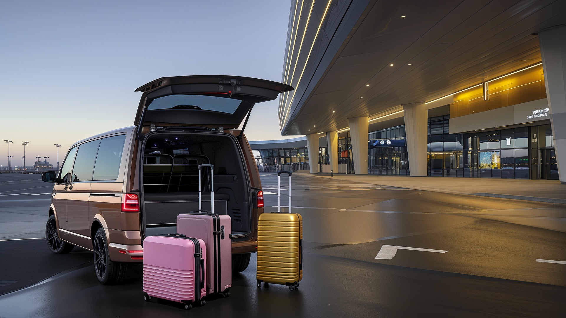 Minivan mit Koffern und Gepäck im Hintergrund, Flughafentransfer