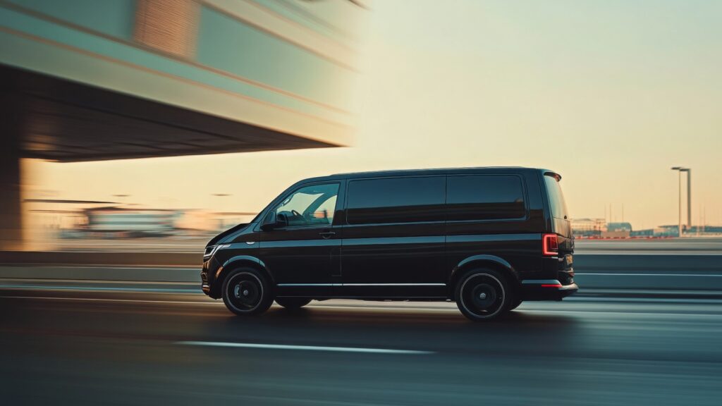 Seitenansicht von hinten eines schwarzen VIP-Service-Vans, der auf der Rollbahn des Flughafens zum Terminalgebäude fährt. Limousinen-Taxidienst der Business-Klasse auf dem Flugplatz. Transfer für einen Sicherheitsdienst während einer Urlaubsreise.